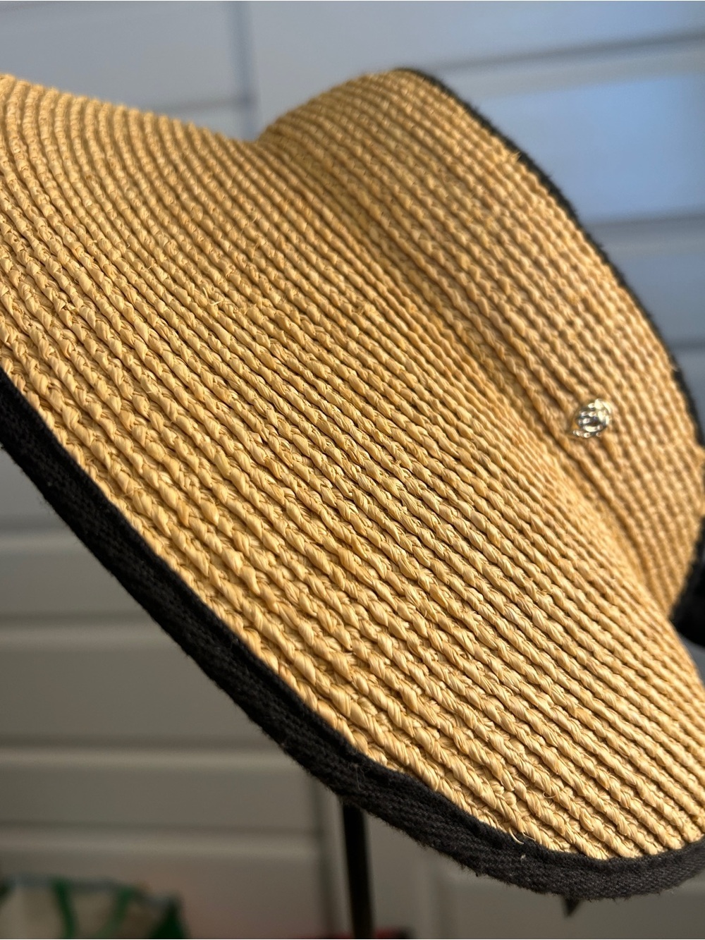 Helen Kaminski Straw Visor "Mia" Hat with Black Trim and Bow